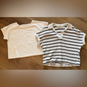 Madewell White Cropped Tee & White Black-Striped Polo Set